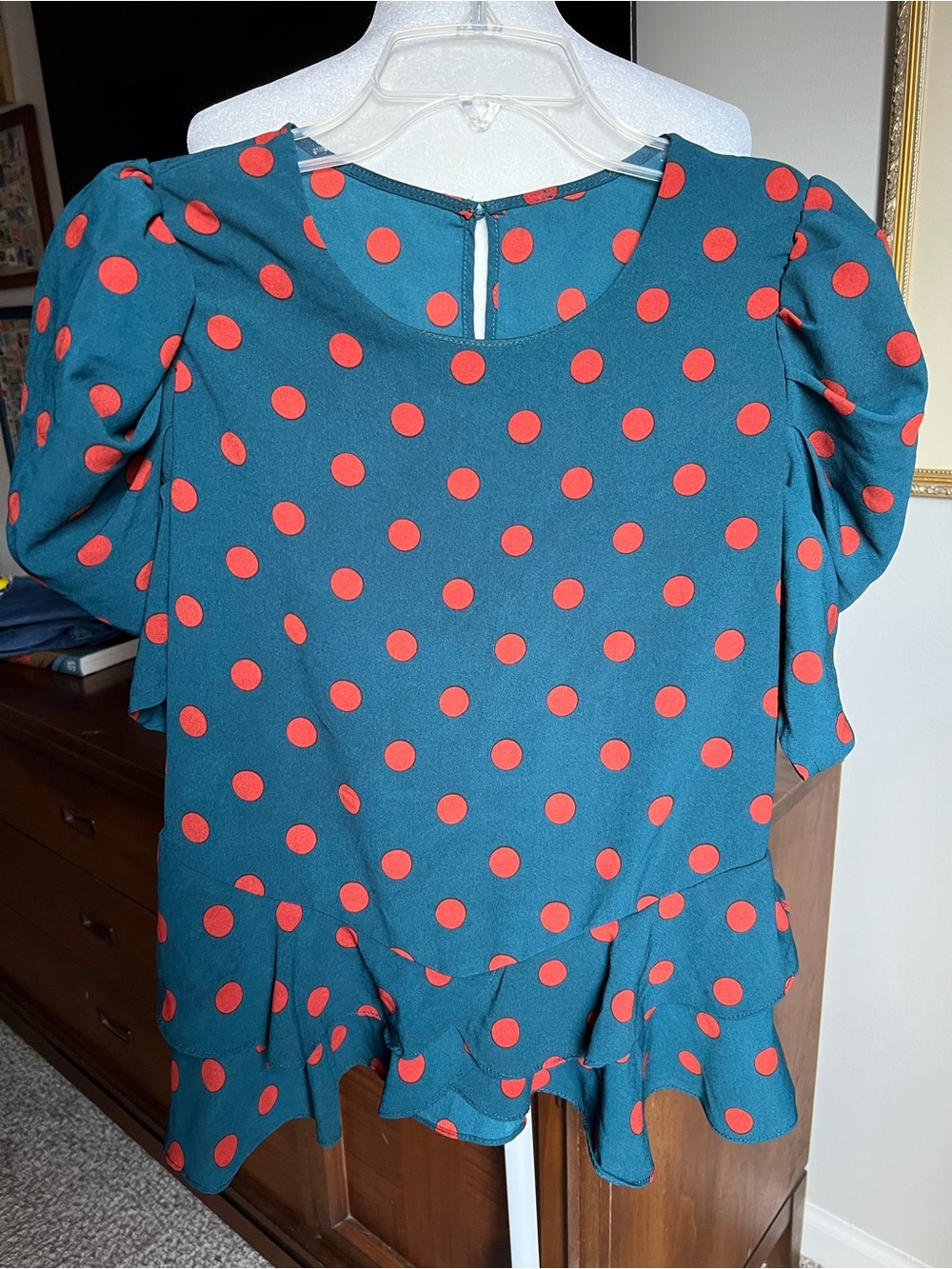 Women’s Teal Polka Dot Puff Sleeve Peplum Top